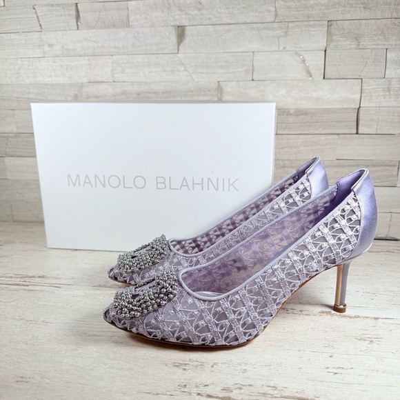 Manolo Blahnik Hangisi Size 38 Lace 70MM Pumps Heels Lilac Periwinkle $1245 New - Picture 15 of 15